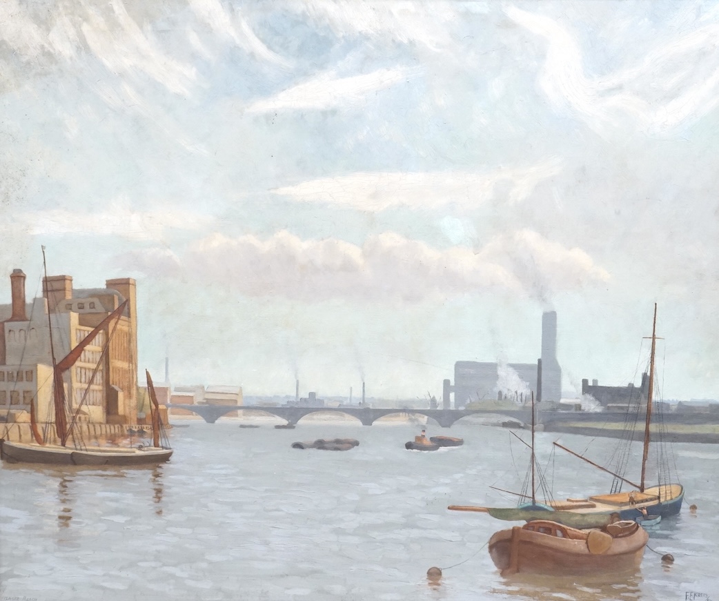 F E. Kreis, mid century, Industrial riverscape, signed and dated '52, oil on canvas, 61 x 74cm